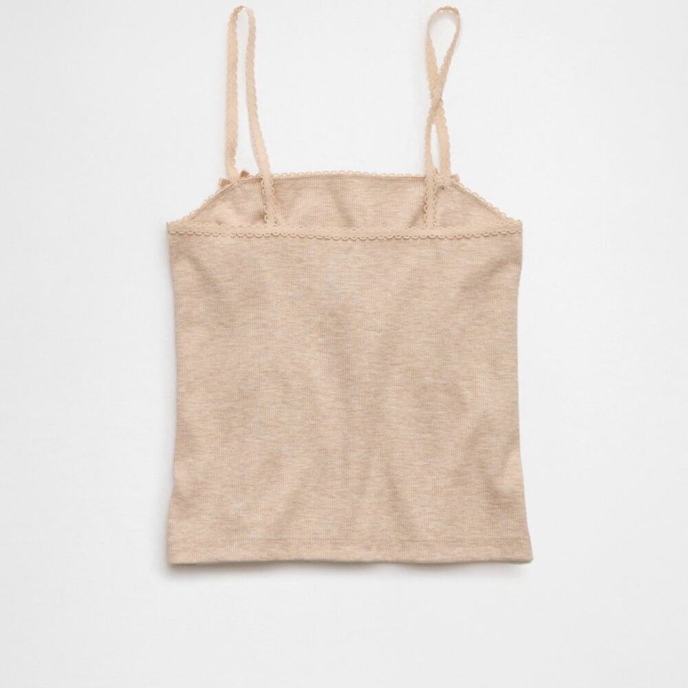 American Eagle Ribbed Lace Trim Cami Tank Square Neck Bow Detail Stretch Top NWT